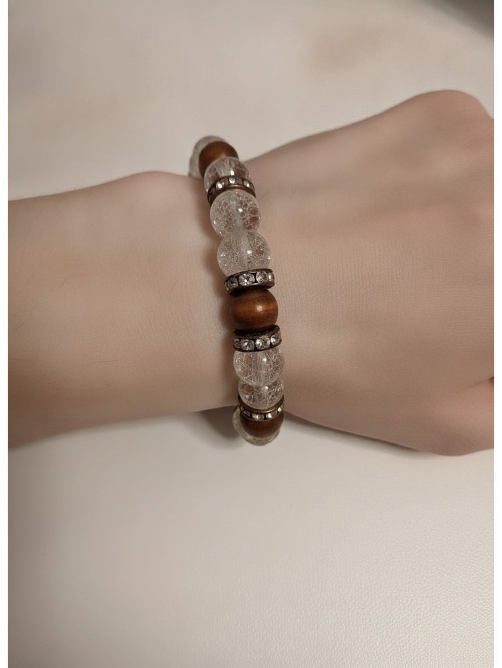 Vintage Clear Crackle Bead and Brown Bead Stretch Bracelet Rhinestone Spacers